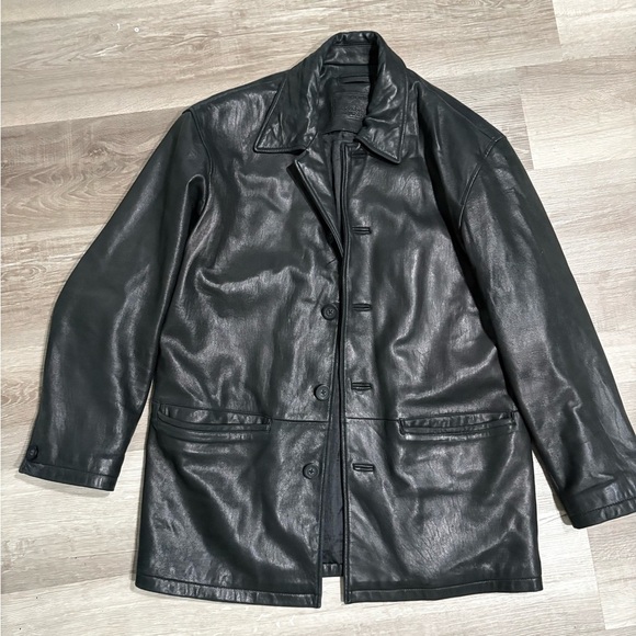 Roundtree & Yorke Black Leather Trench Coat - Picture 1 of 10